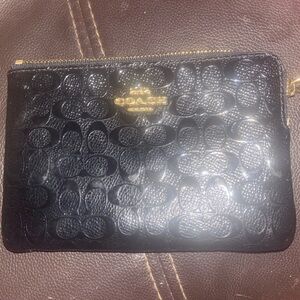 Coach Black Signature Logo Embossed Zip Top Pouch Small Clutch Bag